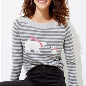 LOFT White Polar Bear with Pink Scarf Graphic on Grey Stripe Sweater